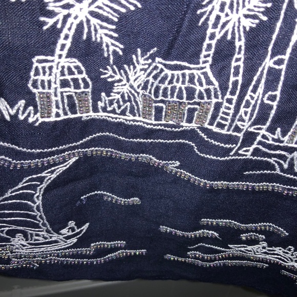 Talbots Navy Blue Embroidered Beaded Linen Shift Dress Size XS tropical beach - Picture 3 of 9